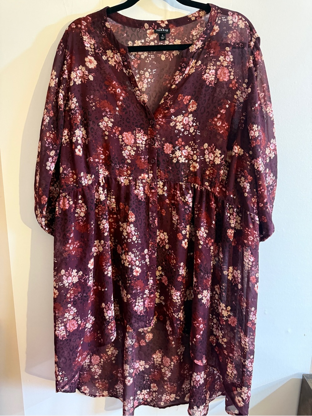 Torrid Size 4 Burgundy Floral Button Front Babydoll Midi Dress 3/4 Sleeve Tunic